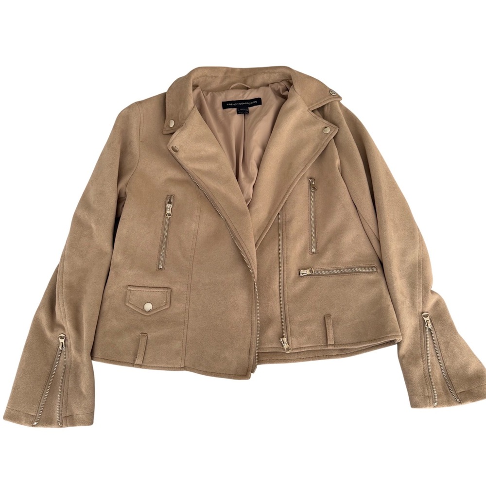 French Connection Womens Faux Suede Moto Jacket Tan Beige Size 12 XL